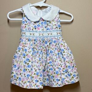 Bonnie Baby Floral Smocked Peter Pan Collar Dress - Blue & Pink, 3-6 months